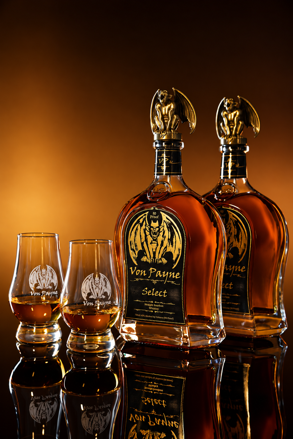 Two bottles of Von Payne Select alongside two Von Payne branded snifter glasses