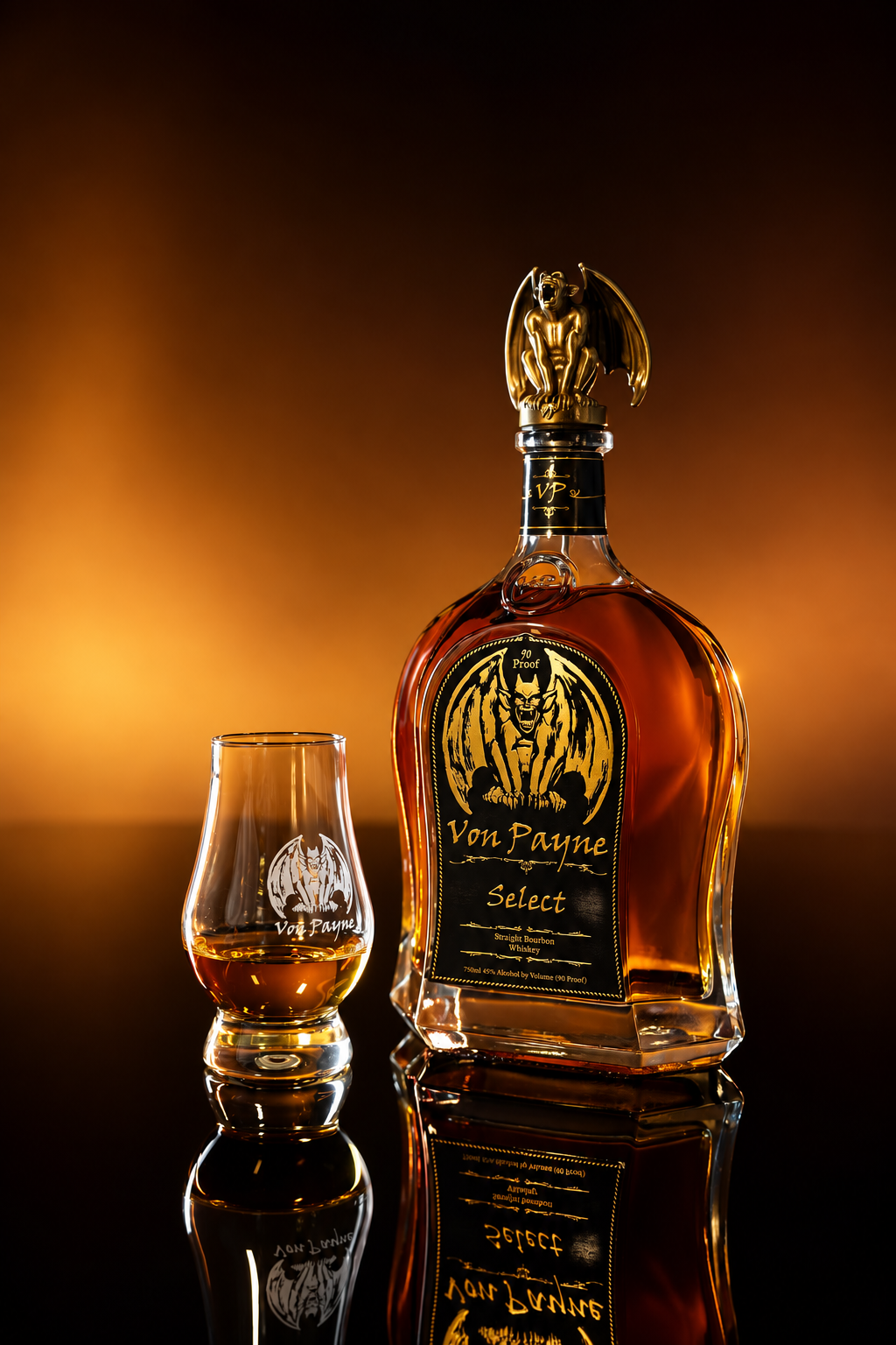 Von Payne Select bottle with gold gargoyle topper beside a branded neat glass